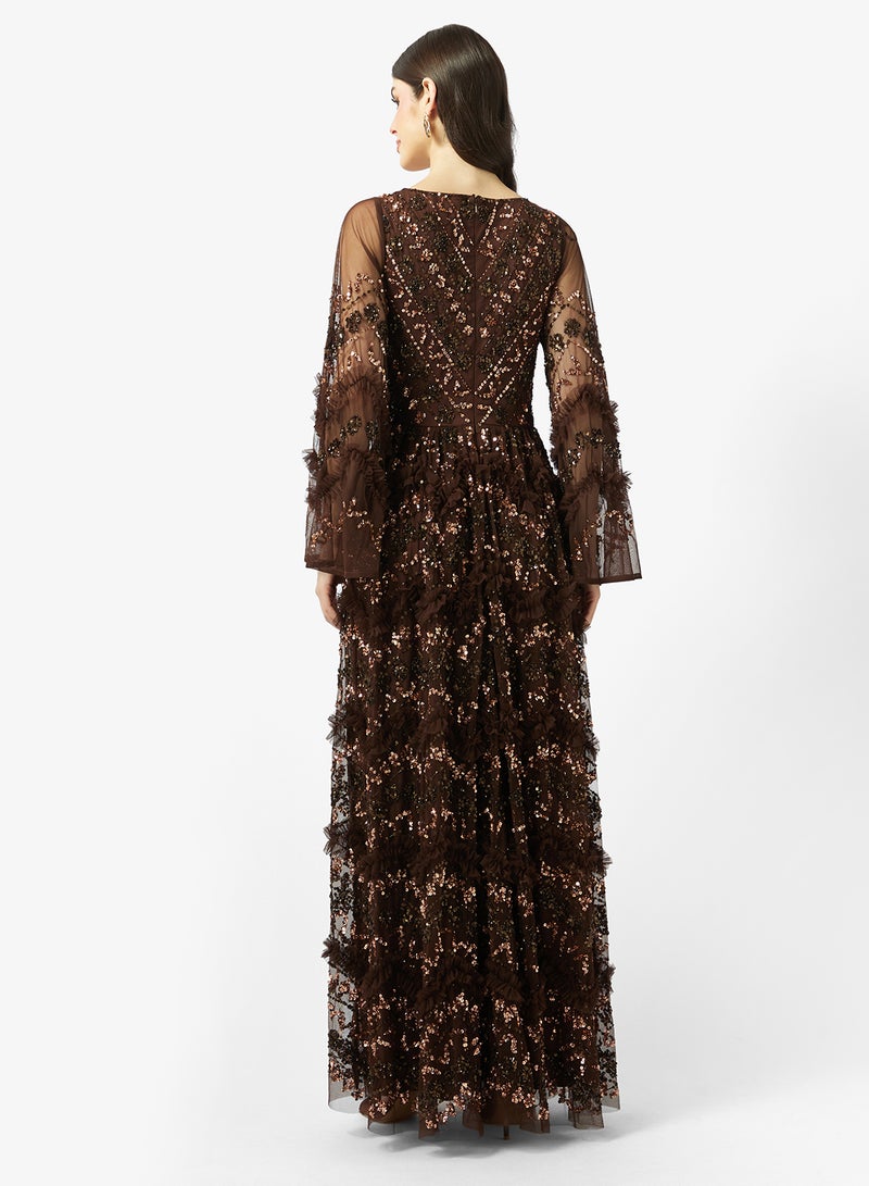 مايا فستان ماكسي طويل الأكمام مزين بكشكشة فاخرة - Image 2